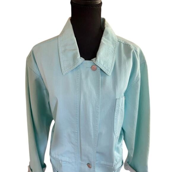 Denim & Co. 1990s Light Aqua Cotton Jacket, Size M  Gingham Lined Cuffs - Picture 3 of 6